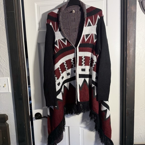 Diva D Sweaters - WMS 3XL Southwest Vibe Fringe‎ Shawl Cardigan Long Sleeve Cozy